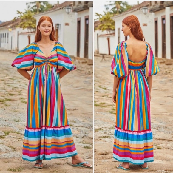 NWT Farm Rio Striped Scarf Maxi Dress With Puff Sleeves - XL - Picture 4 of 7